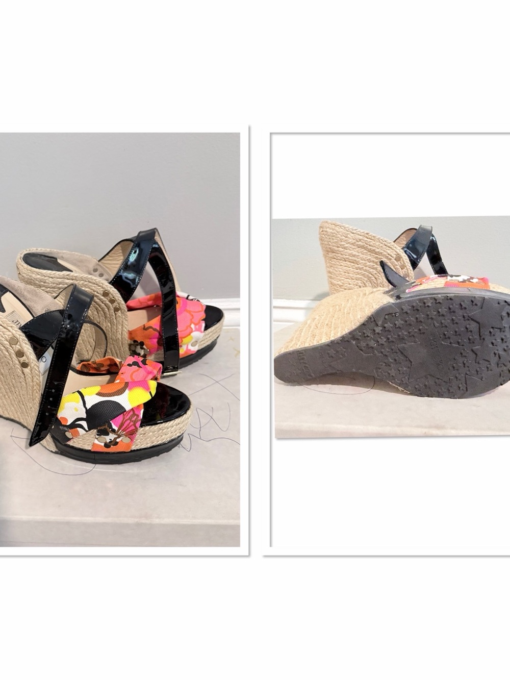 Jimmy Choo Floral Platform Espadrille Wedge Sandals - Pink/Black